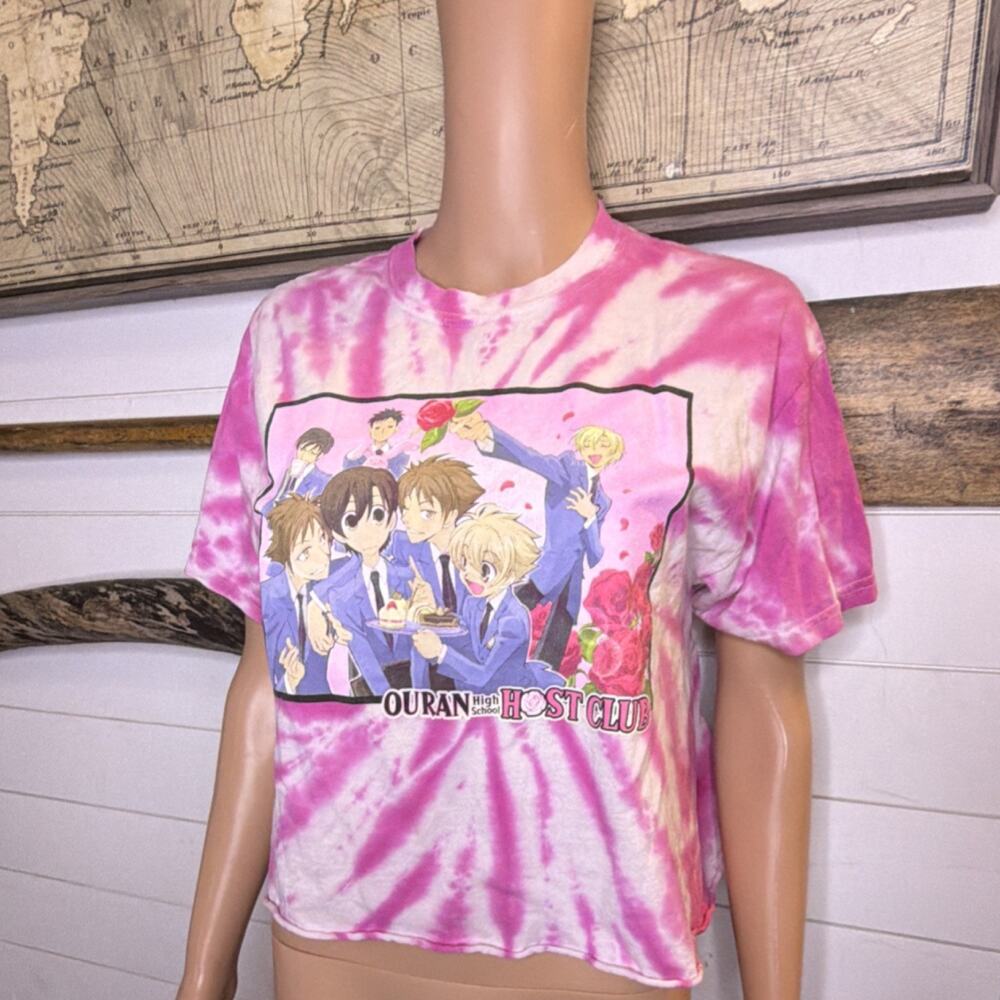 Funimation Ouran High School Host Club Pink White Tie-Dye Graphic T-Shirt L Crop